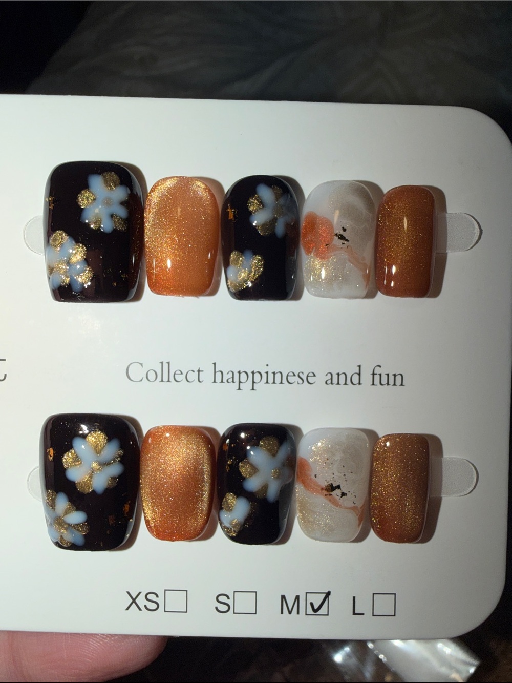 Floral Gold Accent Press-On Nails - Black, Copper & White